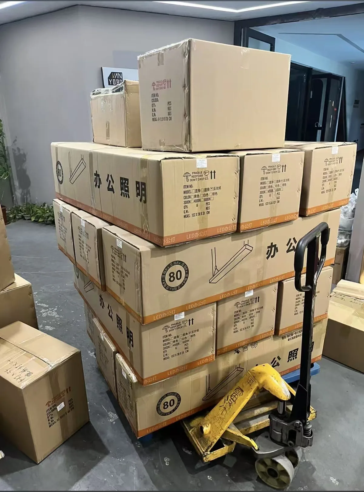 Yakeen Lighting showroom preparing certified LED fixtures for Saudi Arabia